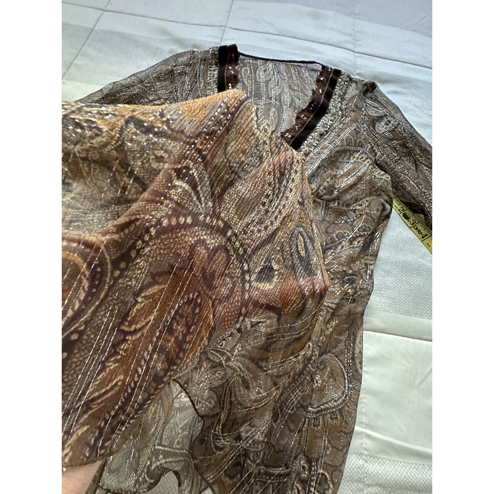 Y2K Bohemian Sheer Blouse Metallic Thread Deep V Velvet Ribbon Trim Sequins READ - Picture 12 of 12
